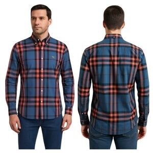 BURBERRY LONDON VTG NOVA CHECK Shirt Gold Embroidered Monogram Pearl Button Sz L